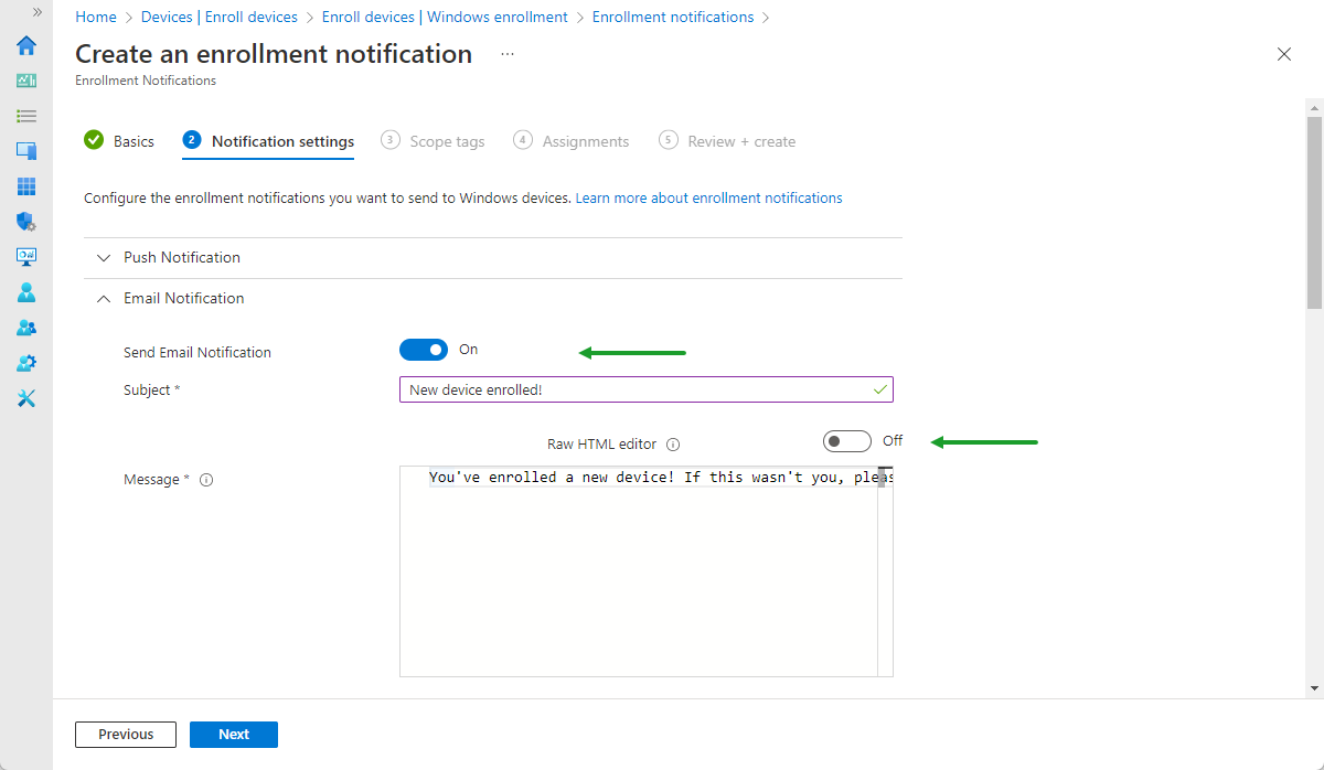 Intune enrollment notification: Email notification basic settings